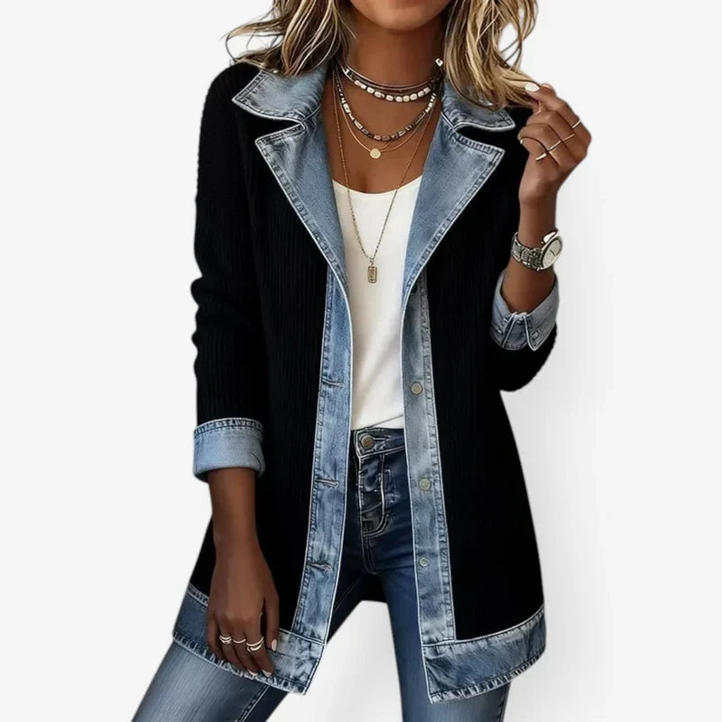 Women's ribbed knit summer jacket with light-wash denim collar, cuffs and hem and a button front