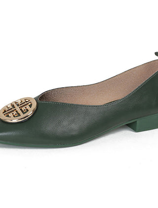 Leather square-toe flats shown in black, brown, green, beige and red
