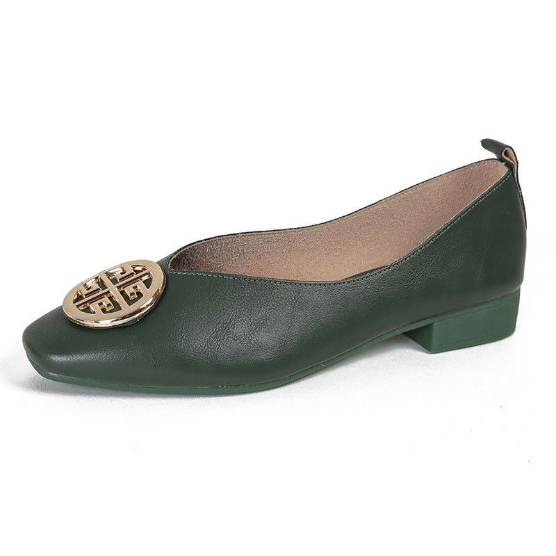 Leather square-toe flats shown in black, brown, green, beige and red