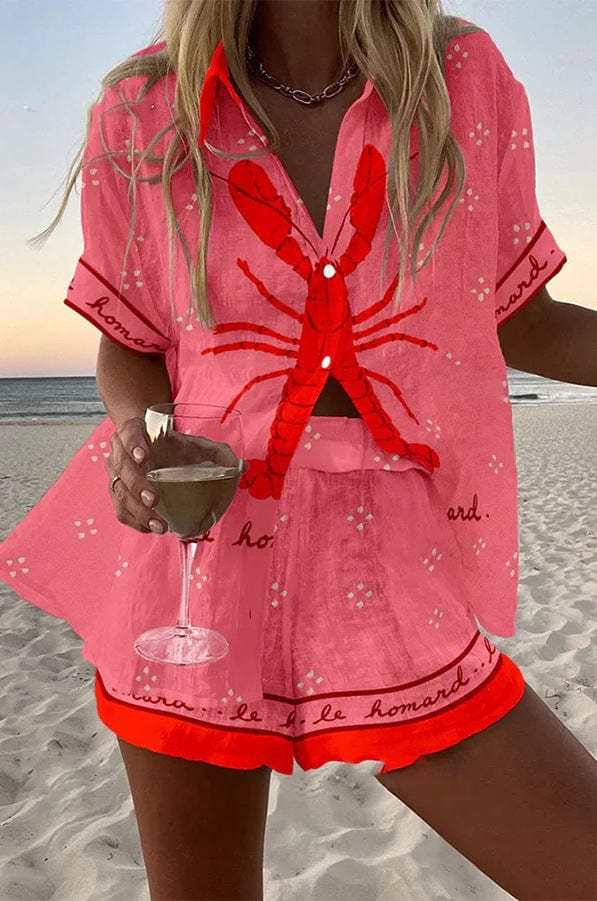 Soft pink coordinated summer set with red border, matching button-up shirt and shorts