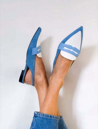 Blue and white two-tone pointed-toe slingback loafers for women
