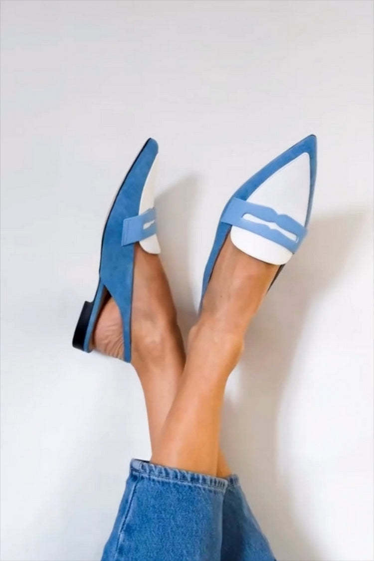 Blue and white two-tone pointed-toe slingback loafers for women