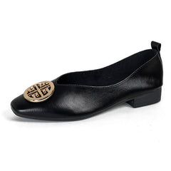 Leather square-toe flats shown in black, brown, green, beige and red