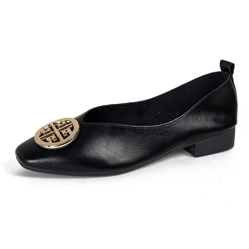 Leather square-toe flats shown in black, brown, green, beige and red