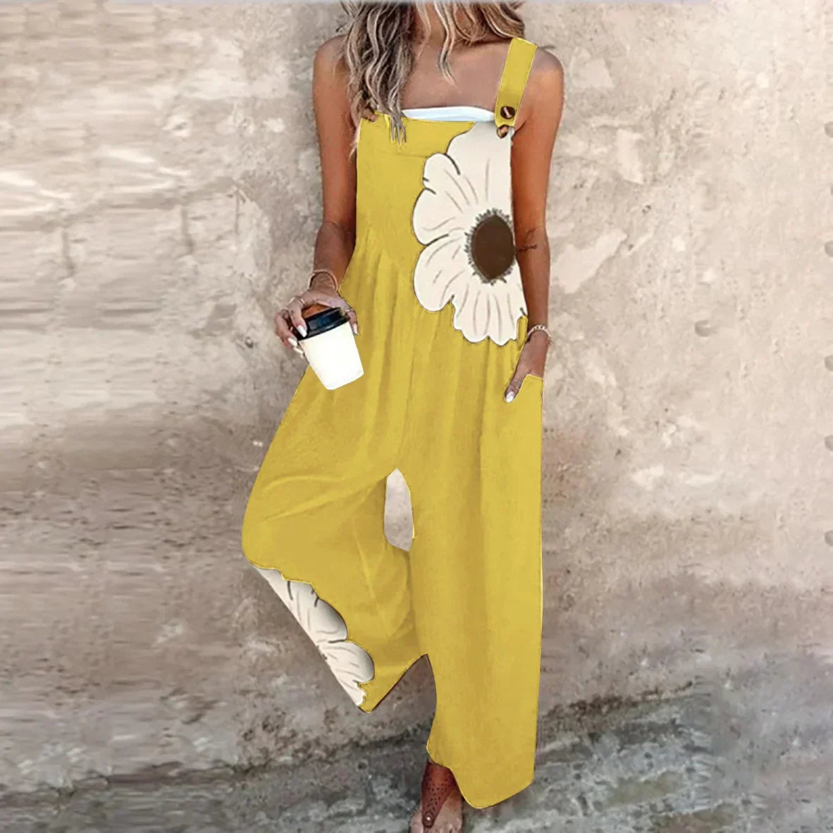 Printed wide-leg jumpsuit with adjustable straps for women