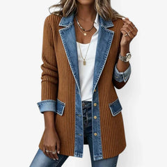 Women's ribbed knit summer jacket with light-wash denim collar, cuffs and hem and a button front