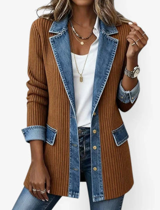 Women's ribbed knit summer jacket with light-wash denim collar, cuffs and hem and a button front