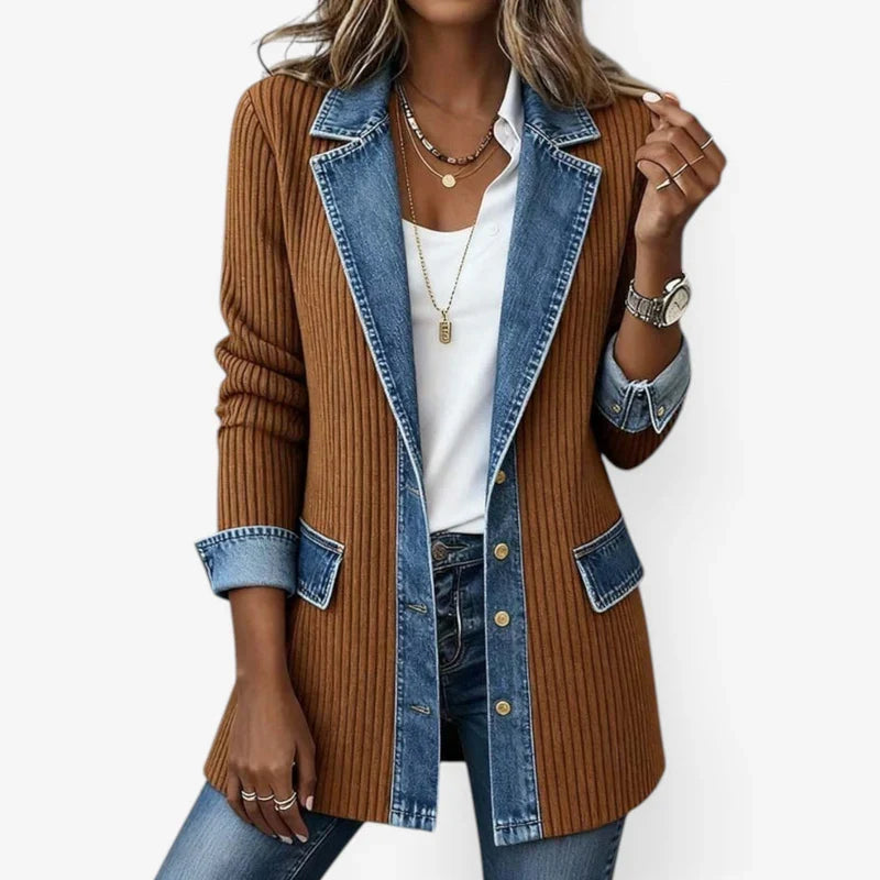 Women's ribbed knit summer jacket with light-wash denim collar, cuffs and hem and a button front