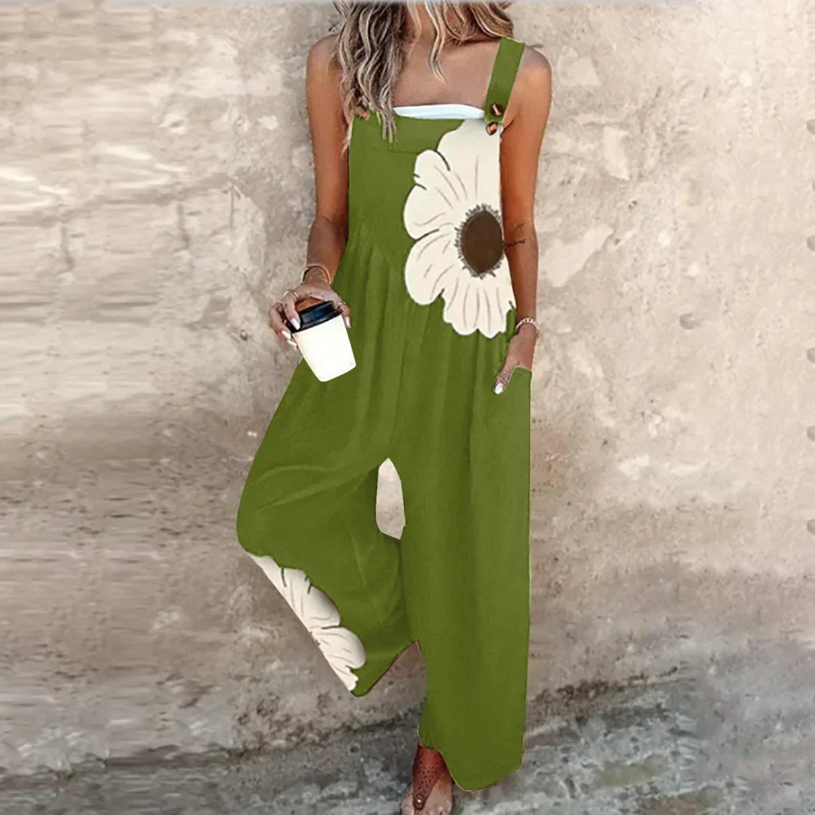 Printed wide-leg jumpsuit with adjustable straps for women