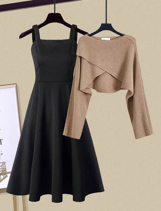 Sleeveless midi dress with fitted bodice and matching cropped wrap-style cardigan