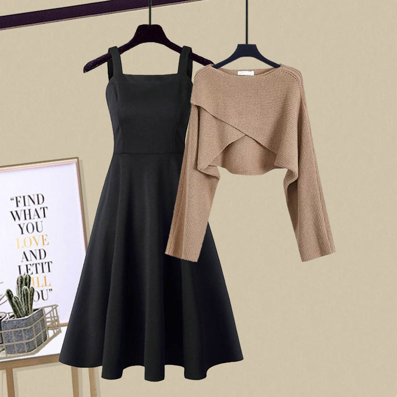Sleeveless midi dress with fitted bodice and matching cropped wrap-style cardigan