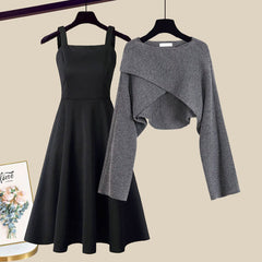 Sleeveless midi dress with fitted bodice and matching cropped wrap-style cardigan
