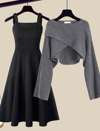 Sleeveless midi dress with fitted bodice and matching cropped wrap-style cardigan