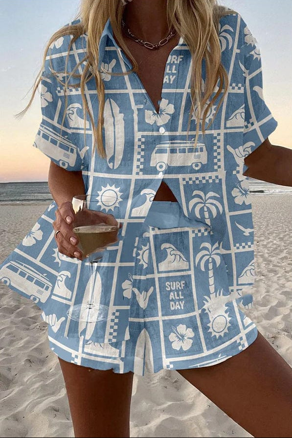 Light sky-blue summer co-ord set with retro surf graphic print, matching button-up shirt and shorts
