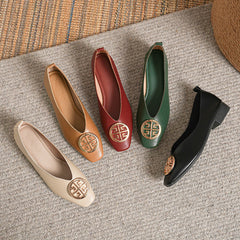 Leather square-toe flats shown in black, brown, green, beige and red
