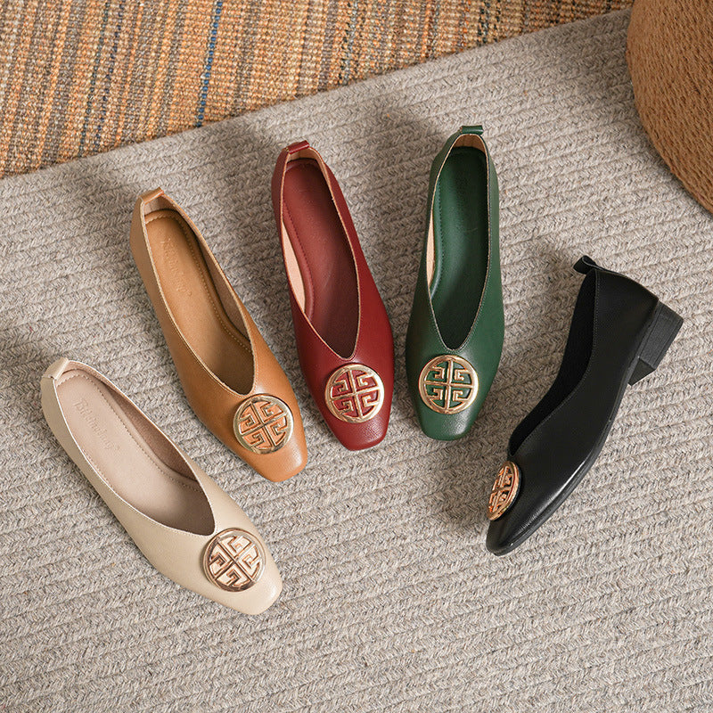 Leather square-toe flats shown in black, brown, green, beige and red
