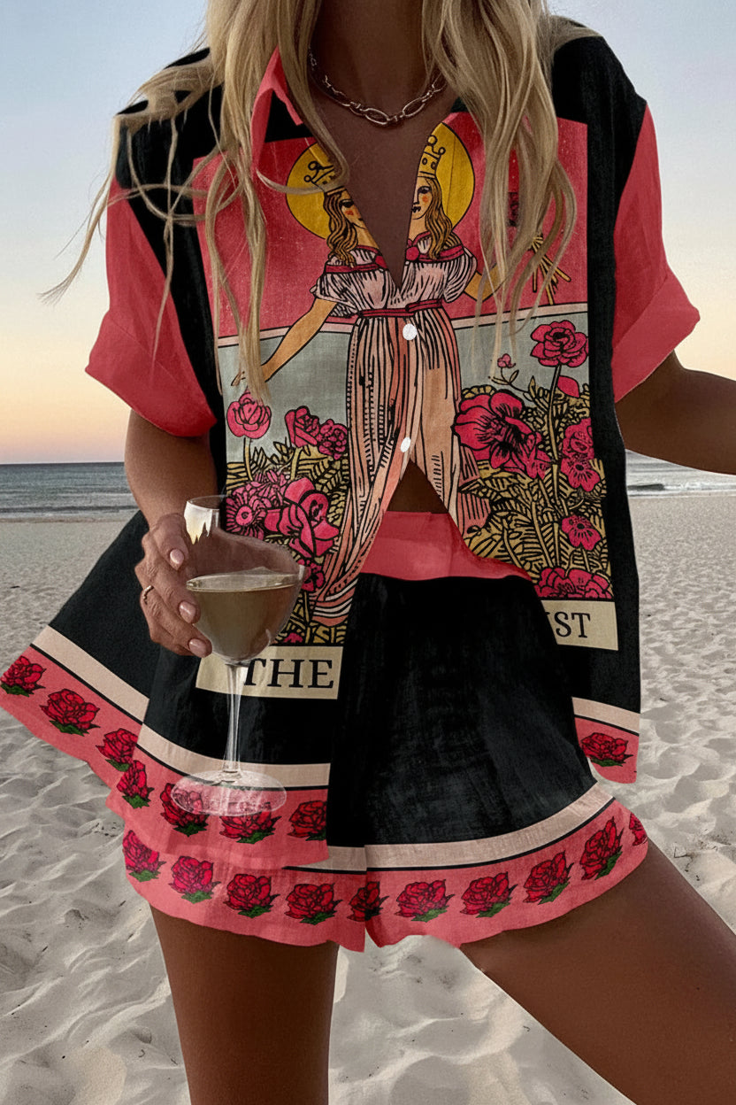 Black and coral coordinated set with tarot crowned queen illustration and rose trim
