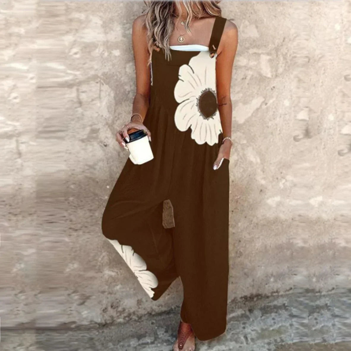 Printed wide-leg jumpsuit with adjustable straps for women