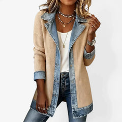 Women's ribbed knit summer jacket with light-wash denim collar, cuffs and hem and a button front