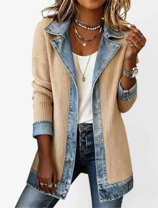 Women's ribbed knit summer jacket with light-wash denim collar, cuffs and hem and a button front