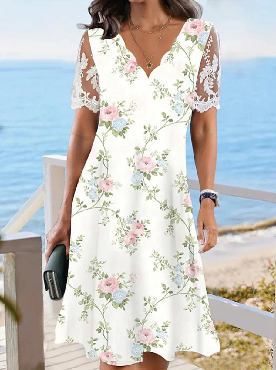 Eleanor | Lace Sleeve Floral Print Midi Dress