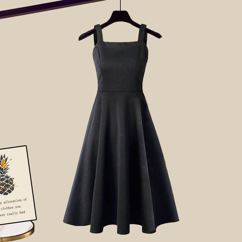 Sleeveless midi dress with fitted bodice and matching cropped wrap-style cardigan
