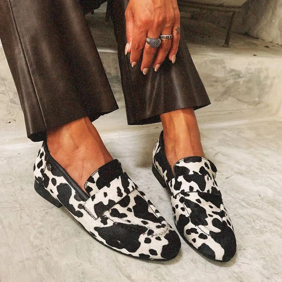 Black and white animal print women's loafers