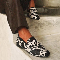 Black and white animal print women's loafers