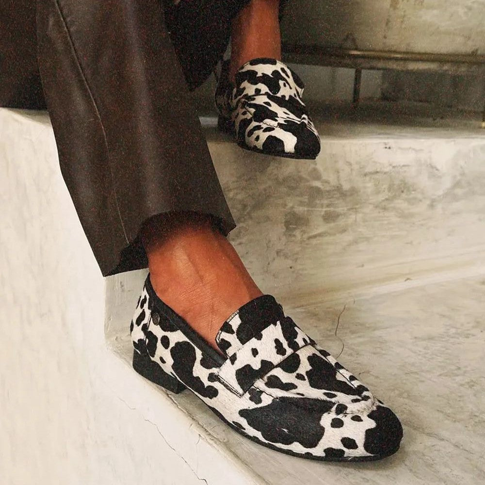 Black and white animal print women's loafers