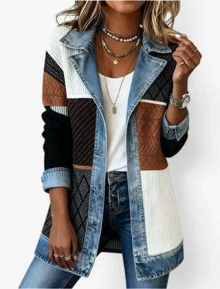 Women's ribbed knit summer jacket with light-wash denim collar, cuffs and hem and a button front
