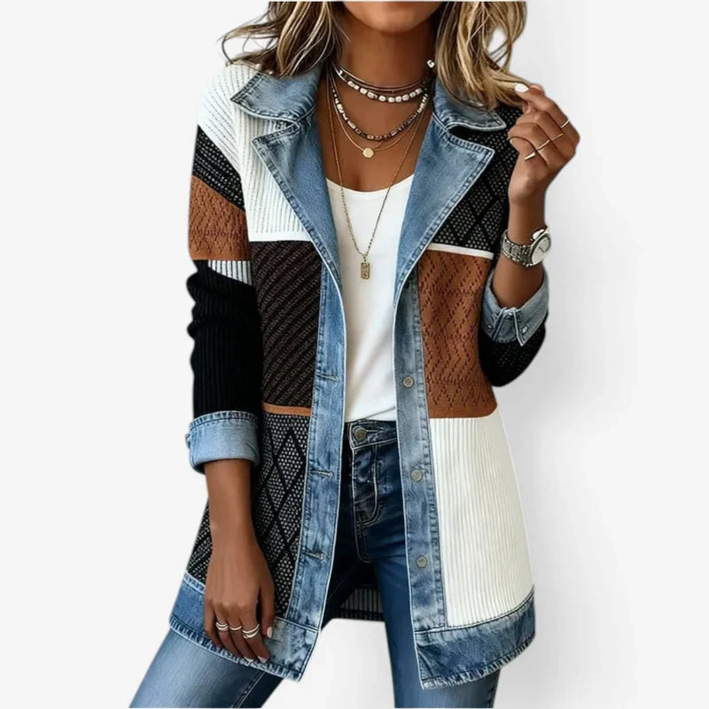 Women's ribbed knit summer jacket with light-wash denim collar, cuffs and hem and a button front