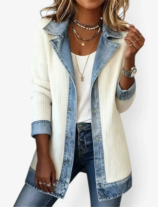 Women's ribbed knit summer jacket with light-wash denim collar, cuffs and hem and a button front
