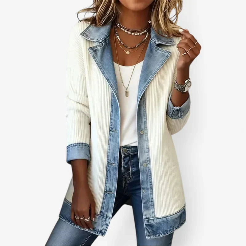 Women's ribbed knit summer jacket with light-wash denim collar, cuffs and hem and a button front