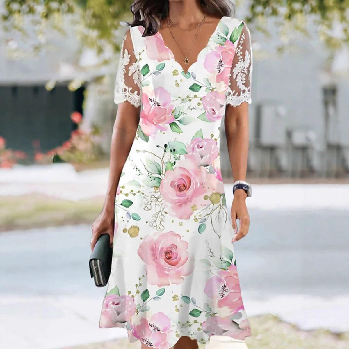 Eleanor | Lace Sleeve Floral Print Midi Dress