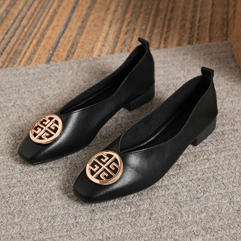 Leather square-toe flats shown in black, brown, green, beige and red