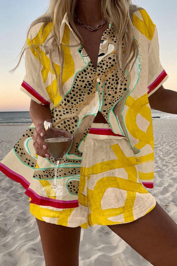 Womens summer co-ord set with hand-painted leopard print, pink and red trim, shirt and shorts