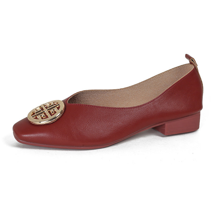 Leather square-toe flats shown in black, brown, green, beige and red
