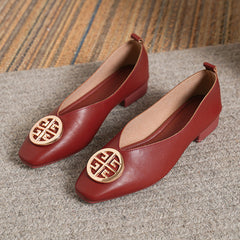 Leather square-toe flats shown in black, brown, green, beige and red