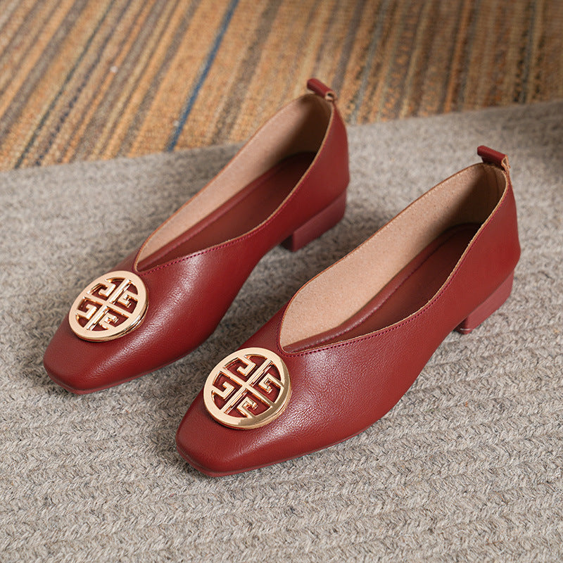 Leather square-toe flats shown in black, brown, green, beige and red