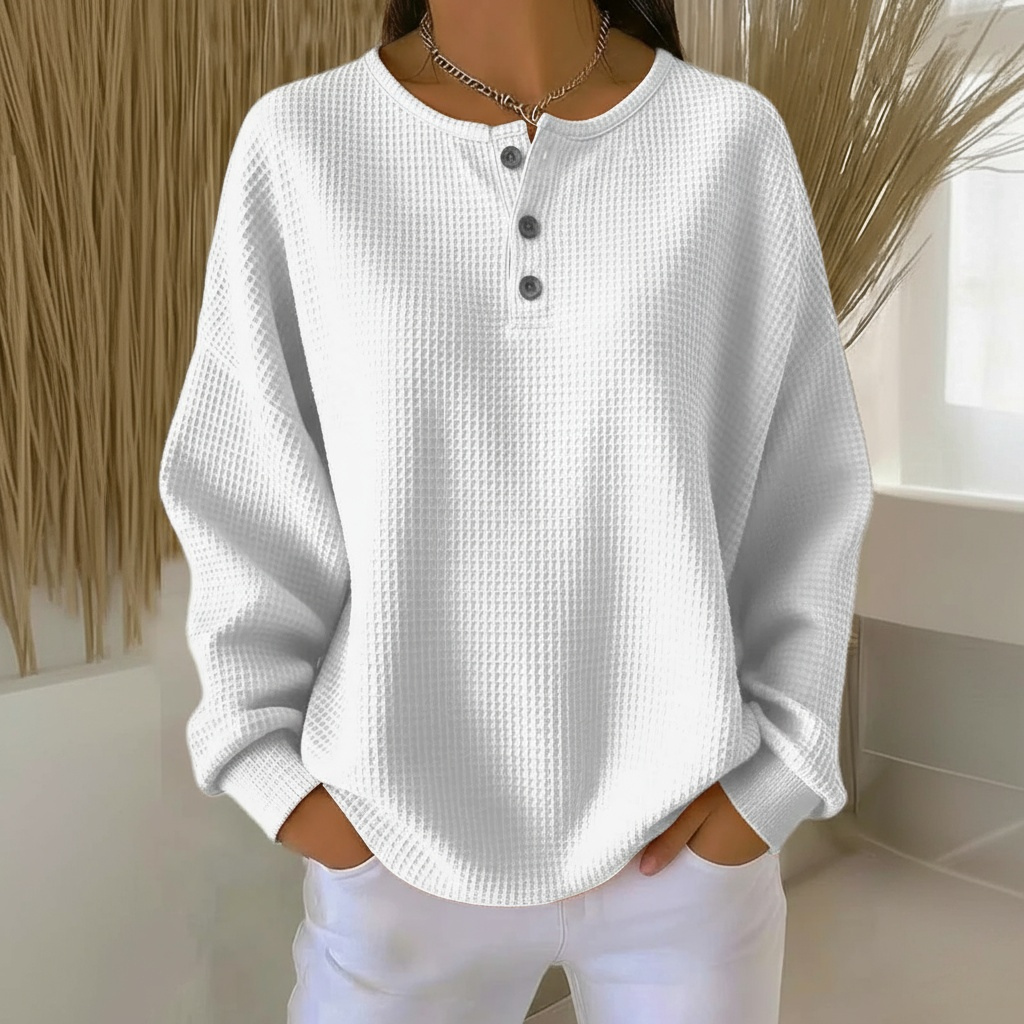 Women's waffle knit button-front sweatshirt with round neck and long relaxed drop-shoulder sleeves