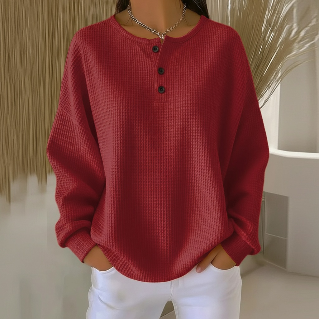 Women's waffle knit button-front sweatshirt with round neck and long relaxed drop-shoulder sleeves