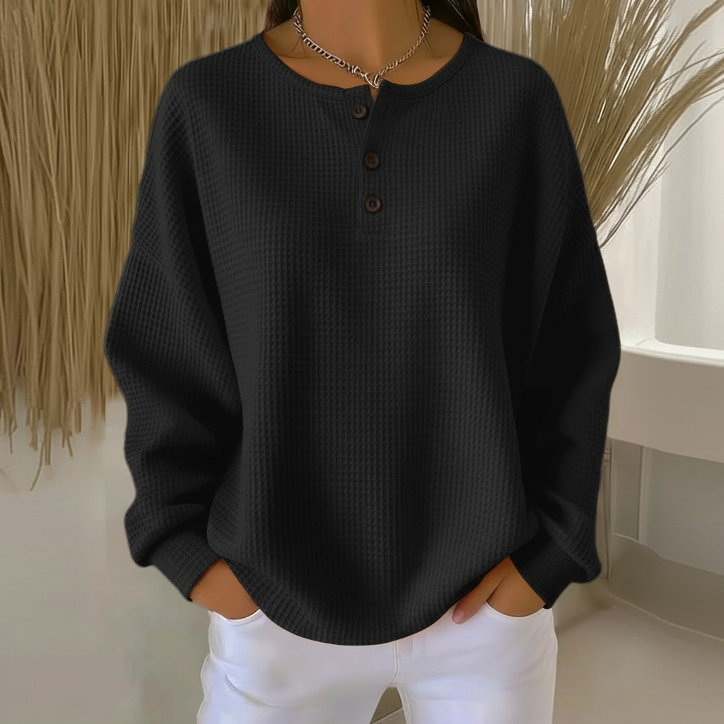 Women's waffle knit button-front sweatshirt with round neck and long relaxed drop-shoulder sleeves