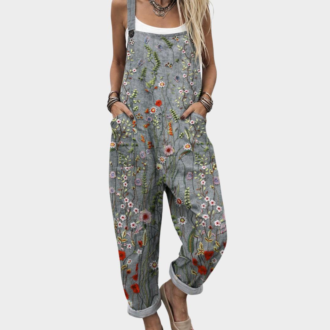 Printed wide-leg jumpsuit with adjustable straps for women