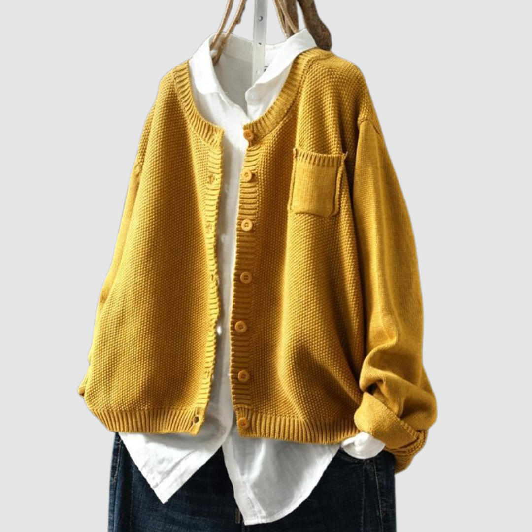 Women's cozy knit cardigan with subtle texture, shown in yellow