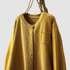 Women's cozy knit cardigan with subtle texture, shown in yellow