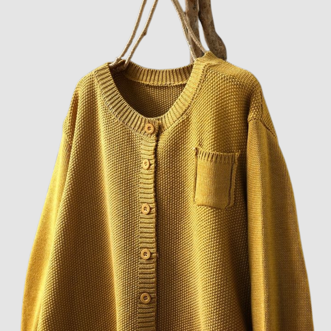Women's cozy knit cardigan with subtle texture, shown in yellow