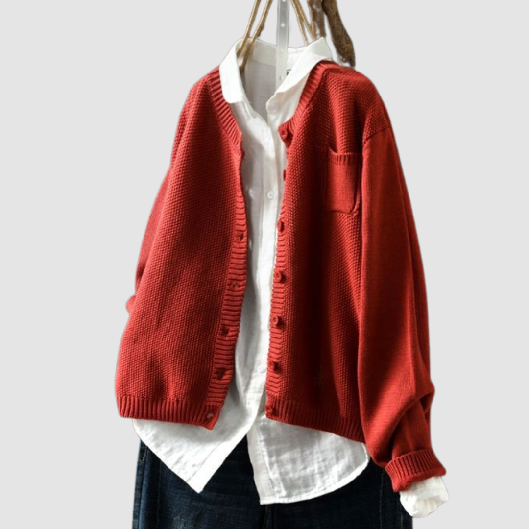 Women's cozy knit cardigan with subtle texture, shown in yellow
