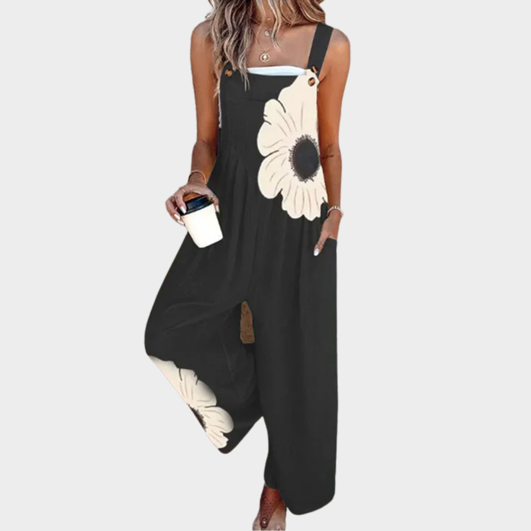 Printed wide-leg jumpsuit with adjustable straps for women