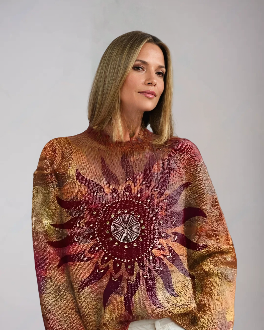 ELINE | Cozy Knitted Turtleneck Featuring Geometric Tribal Sun Design