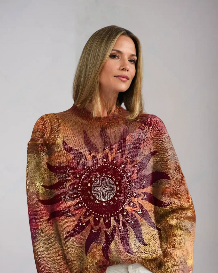 ELINE | Cozy Knitted Turtleneck Featuring Geometric Tribal Sun Design